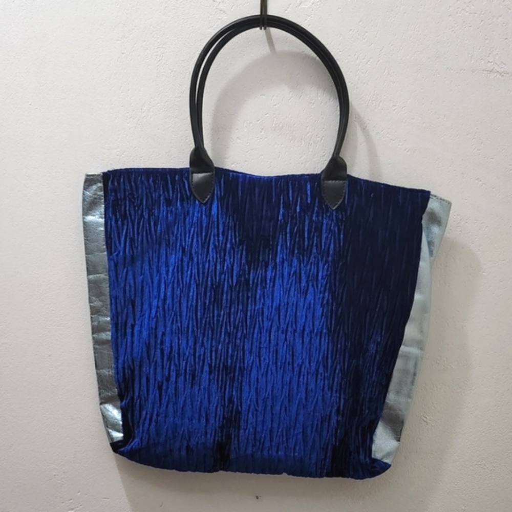 Momo New York | Metallic Panel Blue Velour Tote